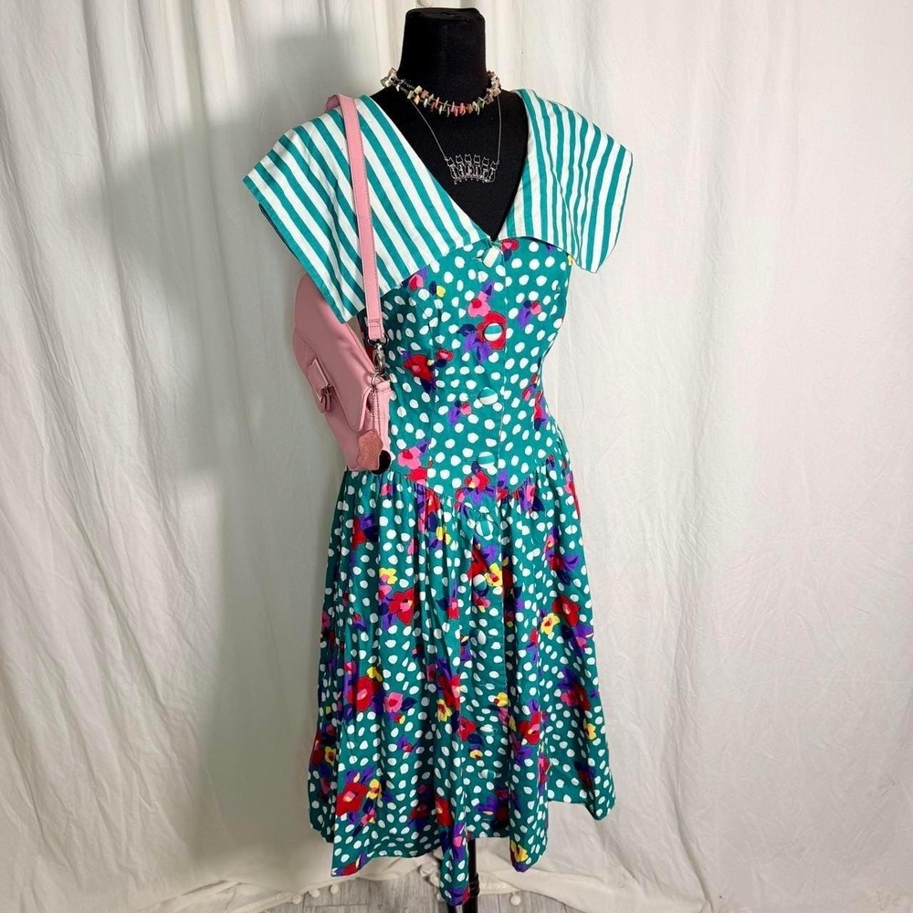 Vintage Alexander Campbell Teal Floral Polka Dot Dress- size 6